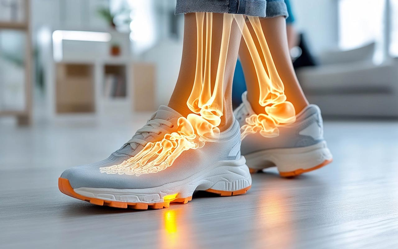 A person wearing white athletic shoes, with a digital overlay showing the bones in their feet and ankles.